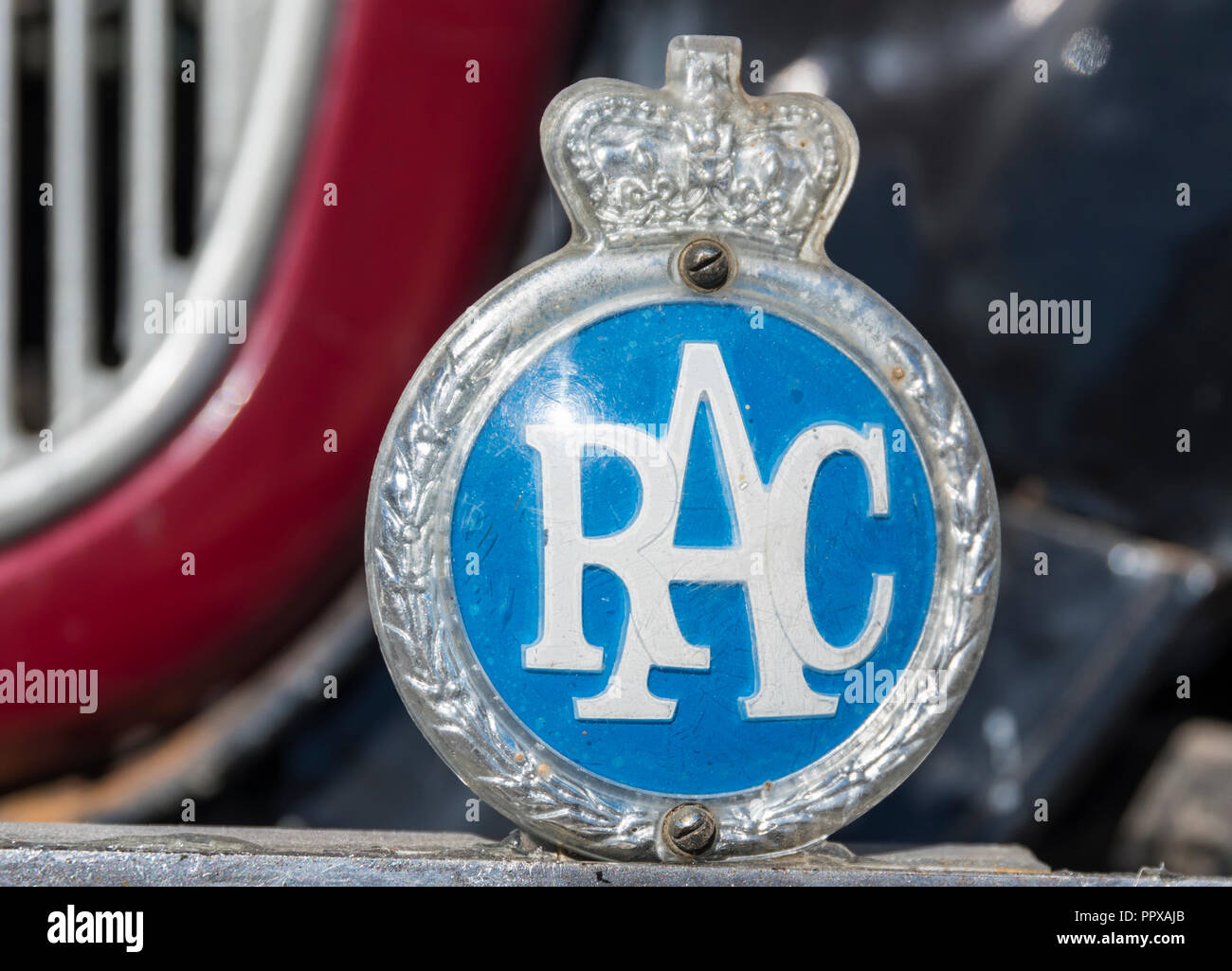 Vintage badge RAC à l'avant d'une vieille voiture Austin des années 1930. Royal Automobile Club d'un insigne au Royaume-Uni.. Banque D'Images