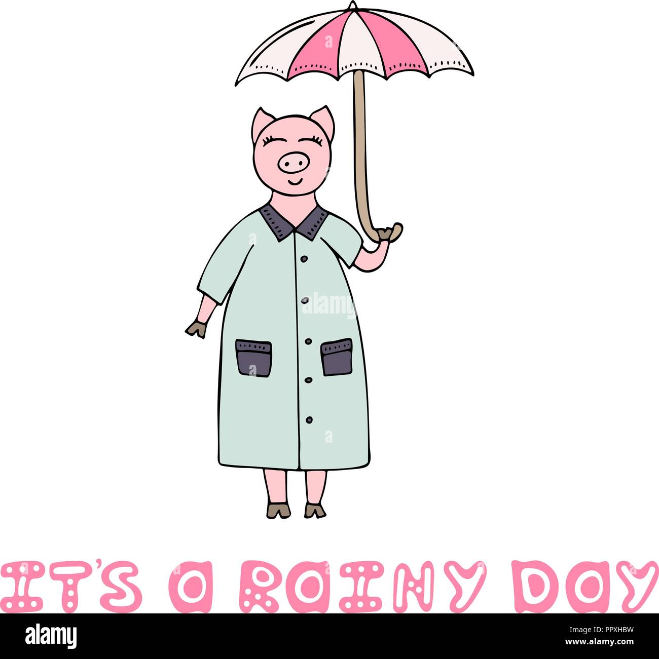 Vector illustration dessinée à la main avec un cochon avec un parapluie sous la pluie. C'est un jour de pluie. Illustration de Vecteur