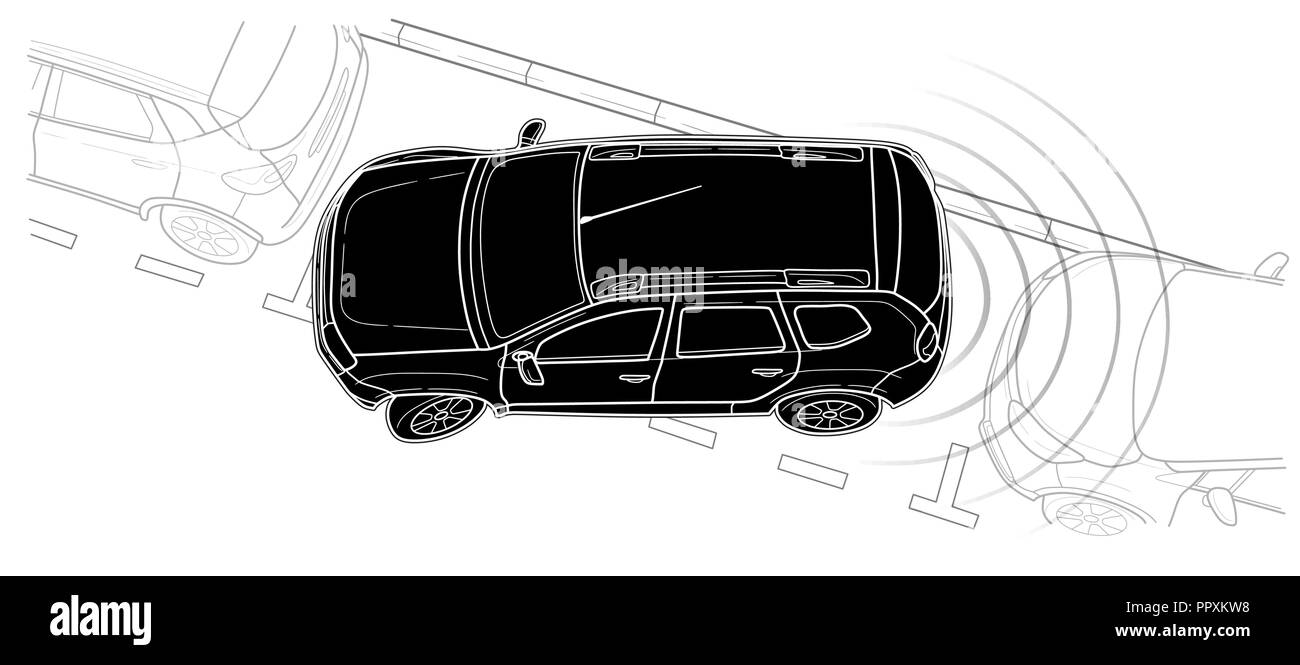 Parking voiture ligne vectorielle illustration. Location et transport, le parc automobile. Illustration de Vecteur