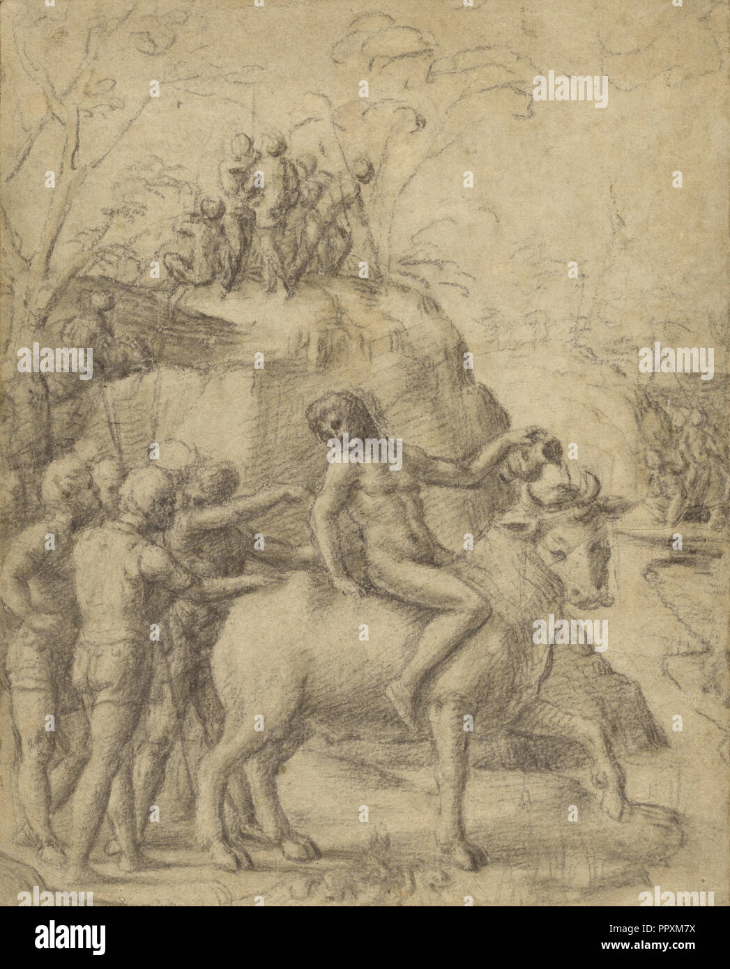 Un homme monté sur un taureau, et d'autres chiffres, Correggio, Antonio Allegri, Italien, environ 1489 - 1534, sur 1517 - 1519 ; craie noire Banque D'Images