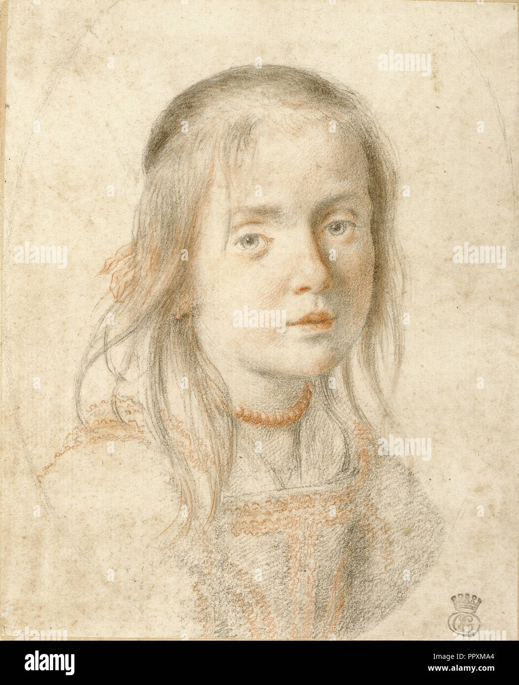 Portrait d'une fille : Carlo Dolci, Italien, florentin, 1616 - 1687, environ 1665 ; noir et craie rouge sur papier de couleur crème Banque D'Images