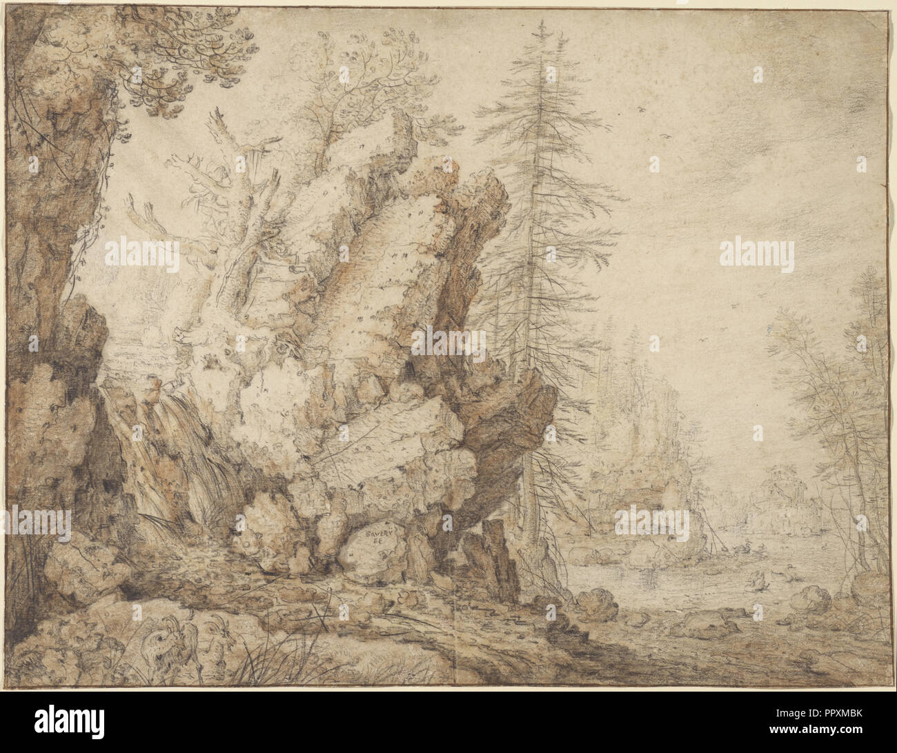 Paysage avec chute d'eau ; Roelandt Savery, Flamand, 1576 - 1639, début années 1620, craie noire et pinceau et lavage rouge Banque D'Images