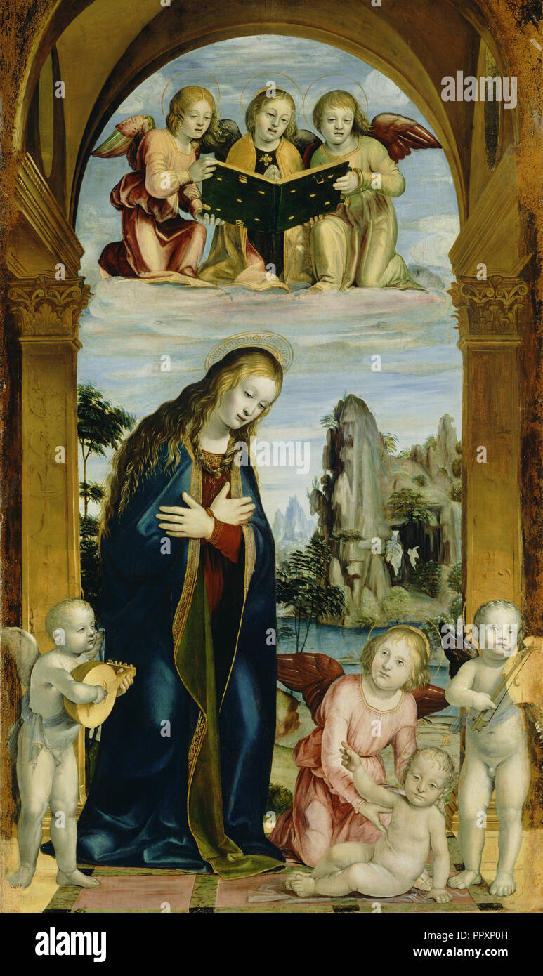 Madonna adorant l'enfant avec des anges musiciens ; bois allégorique, Italien, environ 1456 - 1526, environ 1502 ; Huile sur panneau Banque D'Images