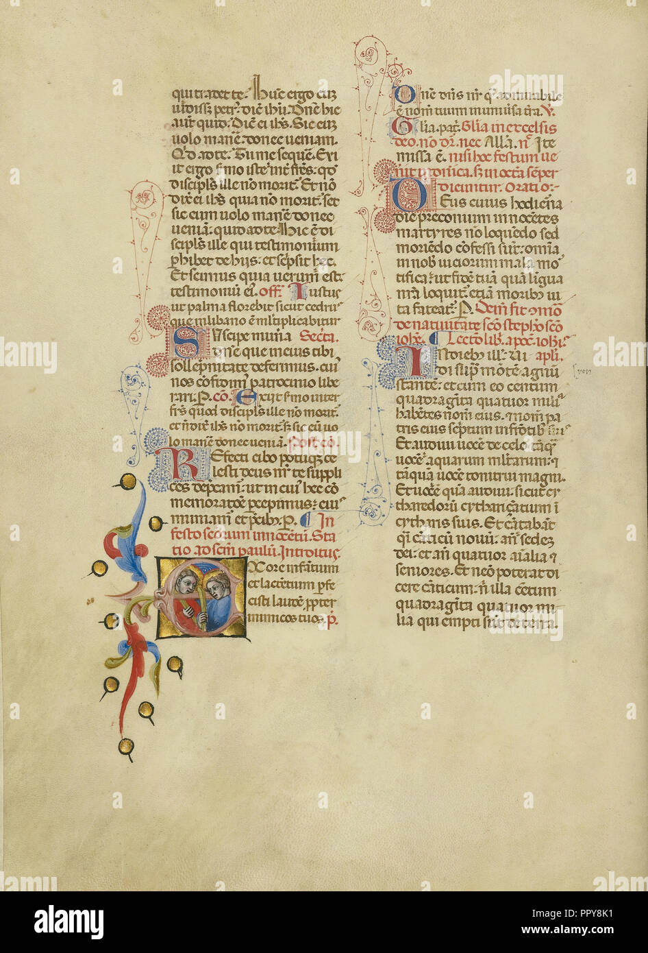 E initiale : deux martyrs ; Maîtrise de l'Bruxelles initiales, Italien, actif vers 1389 - 1410, Bologne, Emilie-Romagne, Italie Banque D'Images