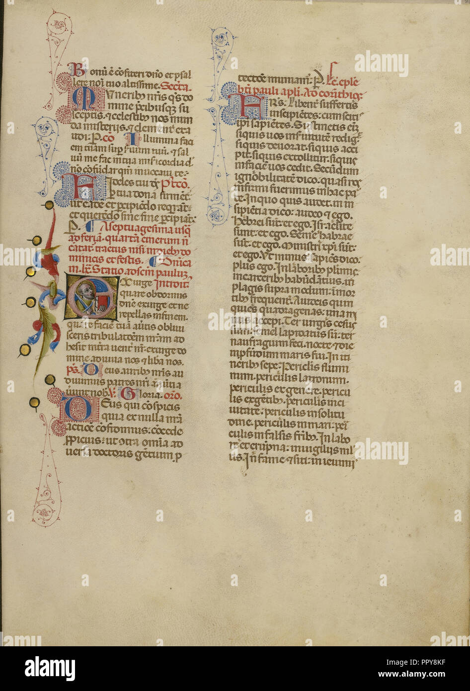E initiale : Saint Paul ; Maître de l'Bruxelles initiales, Italien, actif vers 1389 - 1410, Bologne, Emilie-Romagne, Italie Banque D'Images