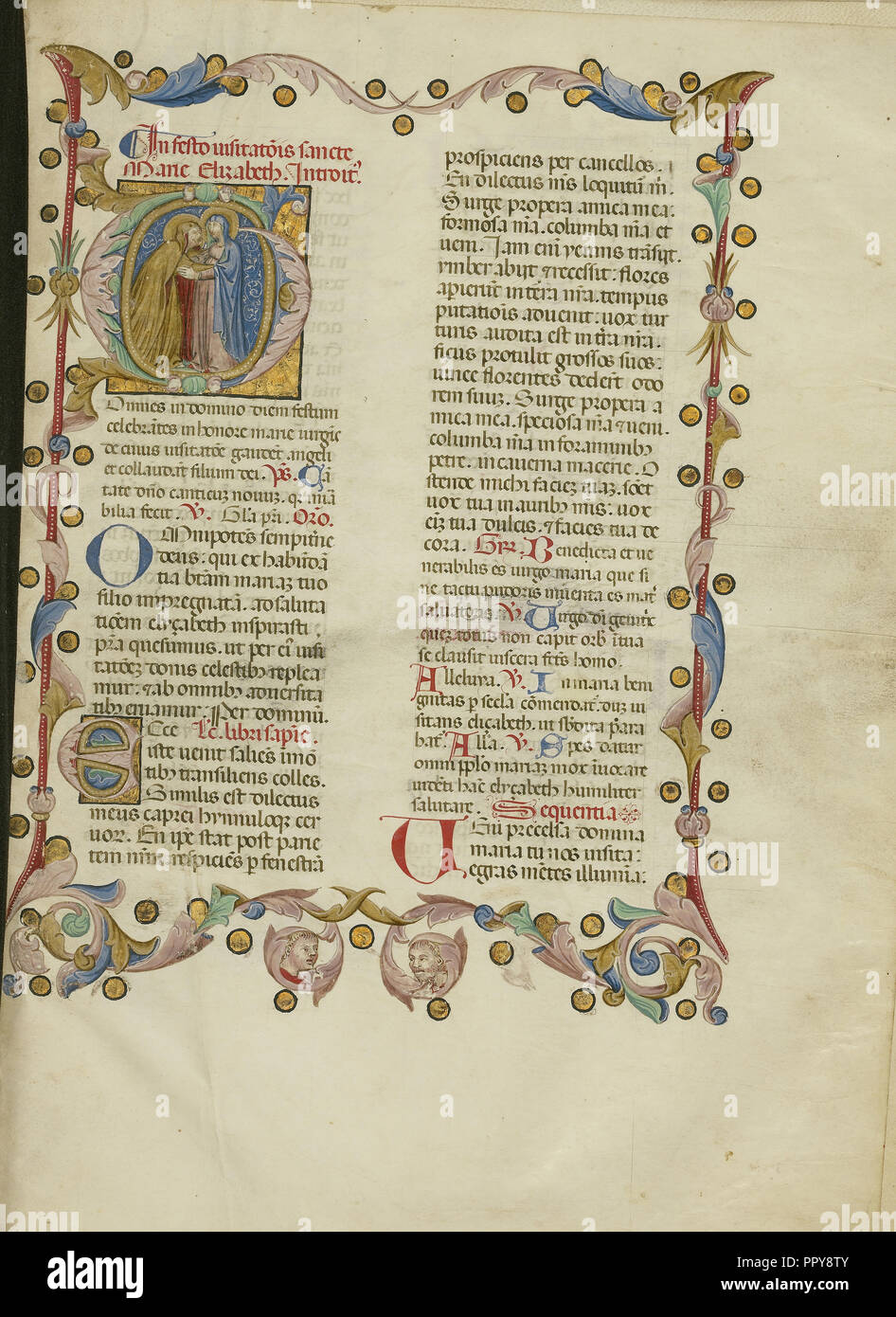G initiale : La Visitation ; Maîtrise de l'Bruxelles initiales, Italien, actif vers 1389 - 1410, Bologne, Emilie-Romagne, Italie Banque D'Images