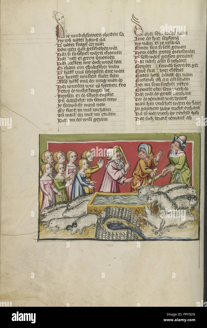Moïse conduisant loin les bergers au puits de Madian ; Regensburg, Bavière, Allemagne ; environ 1400 - 1410 Couleurs d'or, Tempera ; Banque D'Images