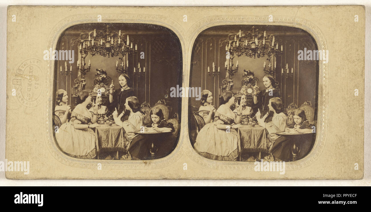 Scène de salon avec un groupe de femmes et une petite fille ; London Stereoscopic Company, Actif 1854 - 1890, 1855 - 1865 Banque D'Images