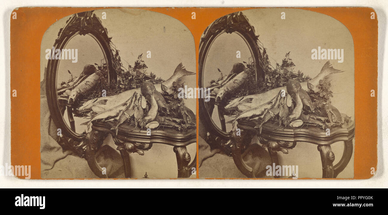 Divers types de fruits de mer sur table avec miroir ; vers 1865 ; à l'albumine argentique Banque D'Images