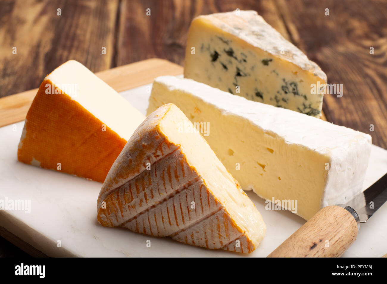 Plaque de dégustation avec quatre fromages, crème de brie France, marcaire, saint paulin et fromages d'auvergne bleu, servi avec des raisins mûrs close up Banque D'Images