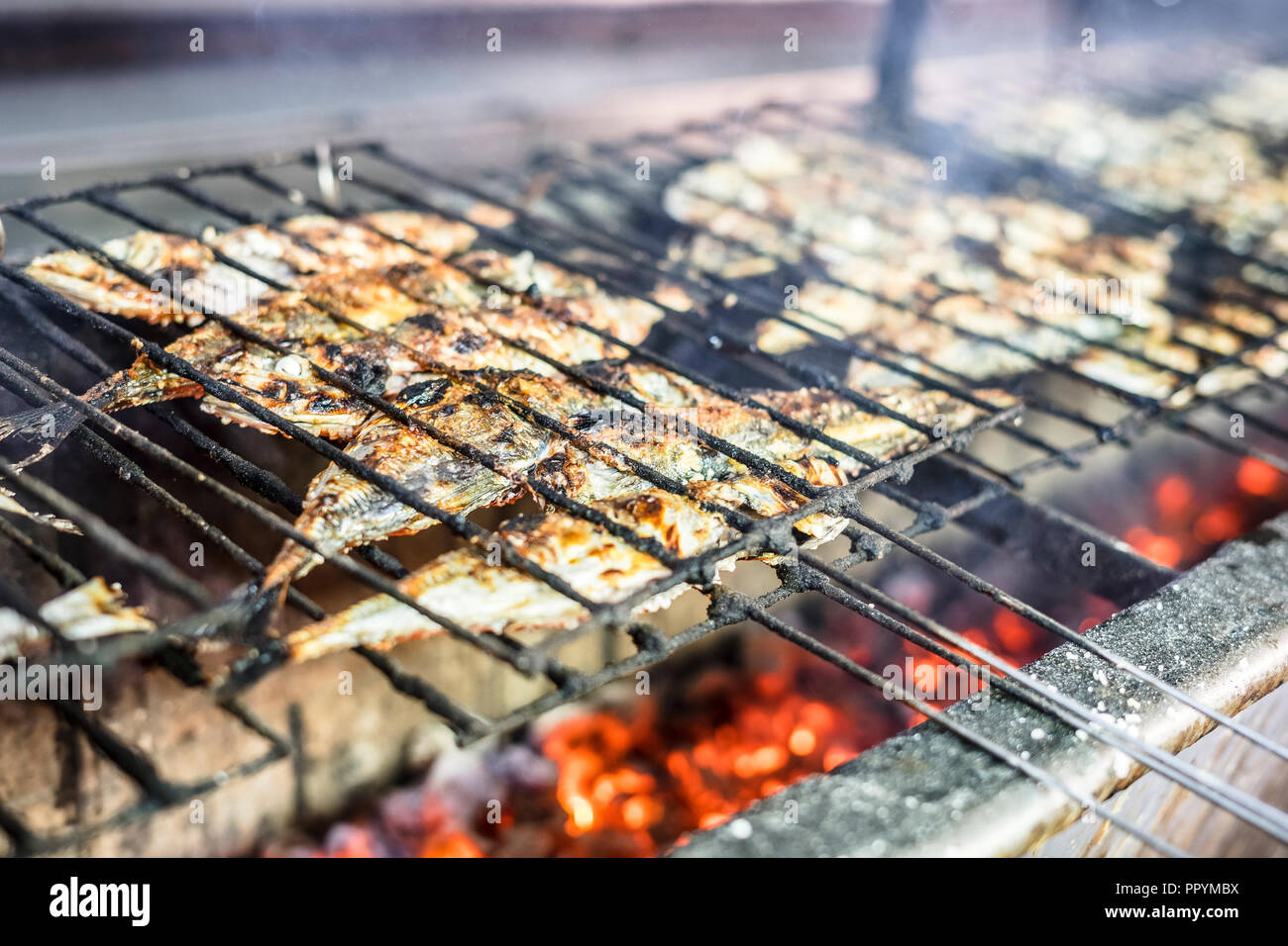 L'abondance de maquereaux et de sardines grillées sur charbon de bois sur le barbecue dans le restaurant Banque D'Images