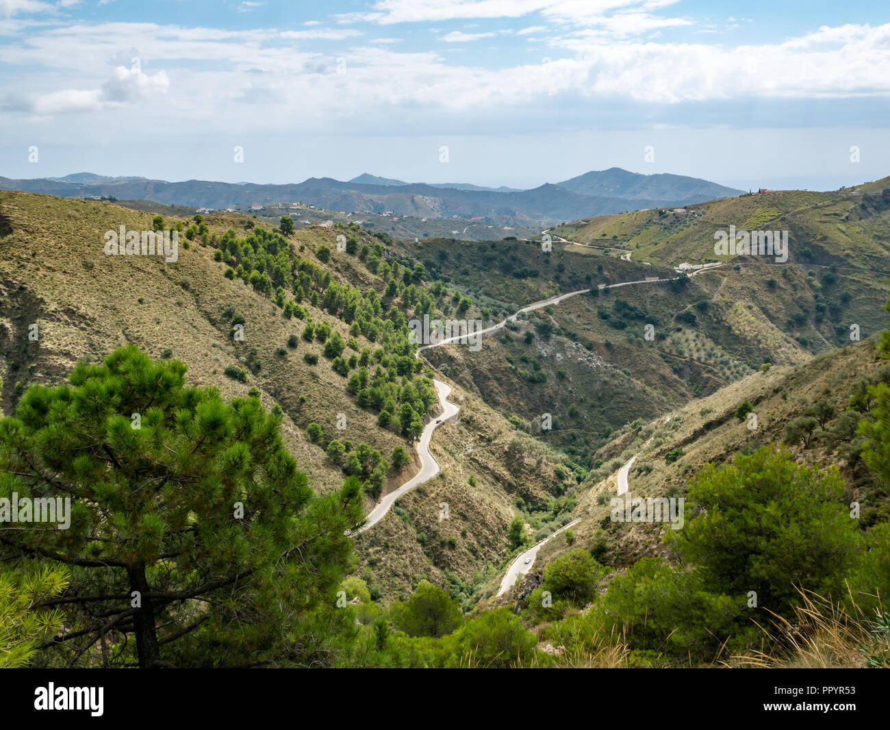 Vue de haut niveau de la route sinueuse de montagne en vallée gorge, Axarquía, Andalousie, Espagne Banque D'Images