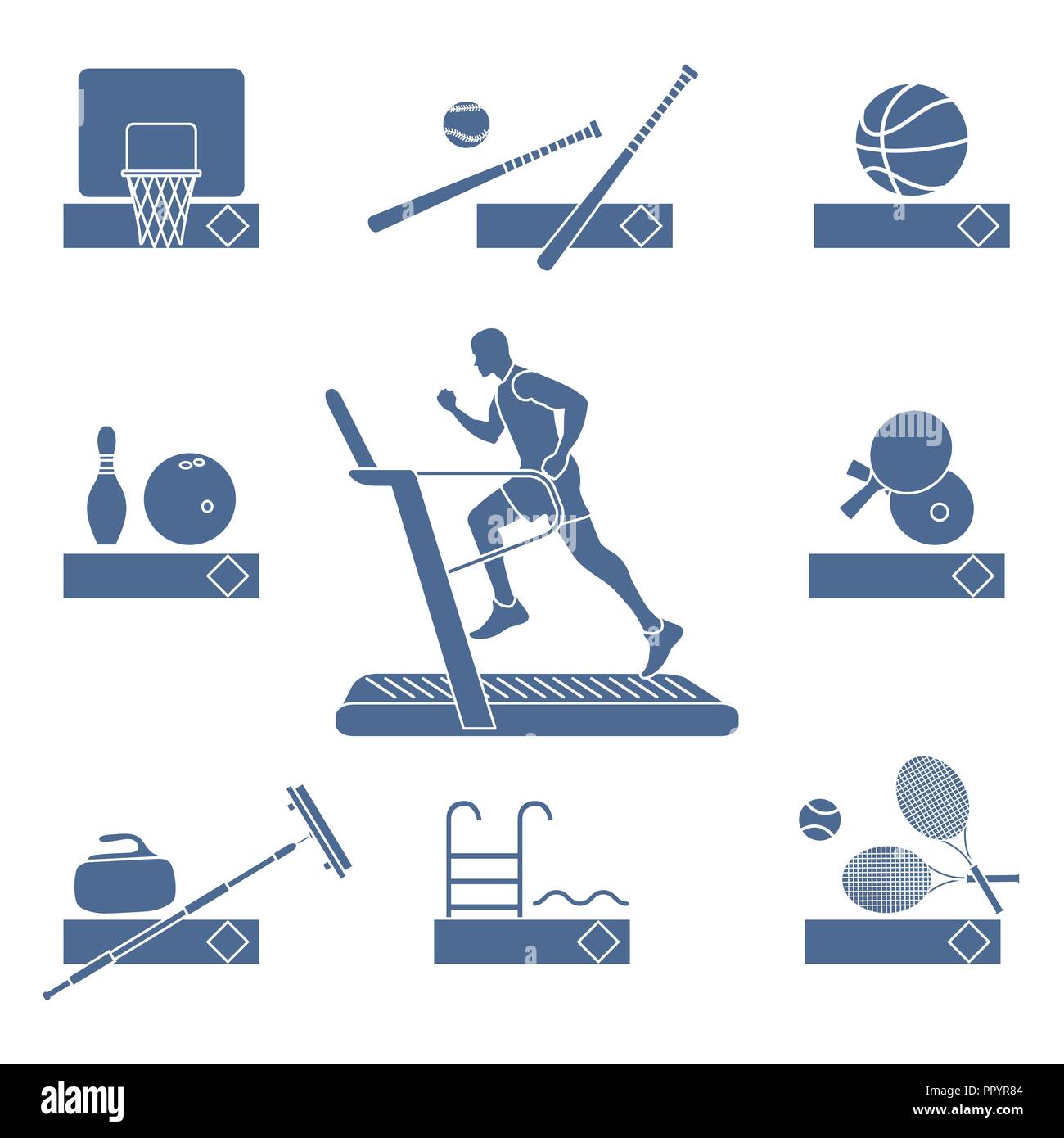 Temps de conditionnement physique et les sports. Mode de vie sain. Une piste de course avec l'exécution de l'homme. L'équipement pour la pratique de jeux et sports d'équipe. Illustration de Vecteur