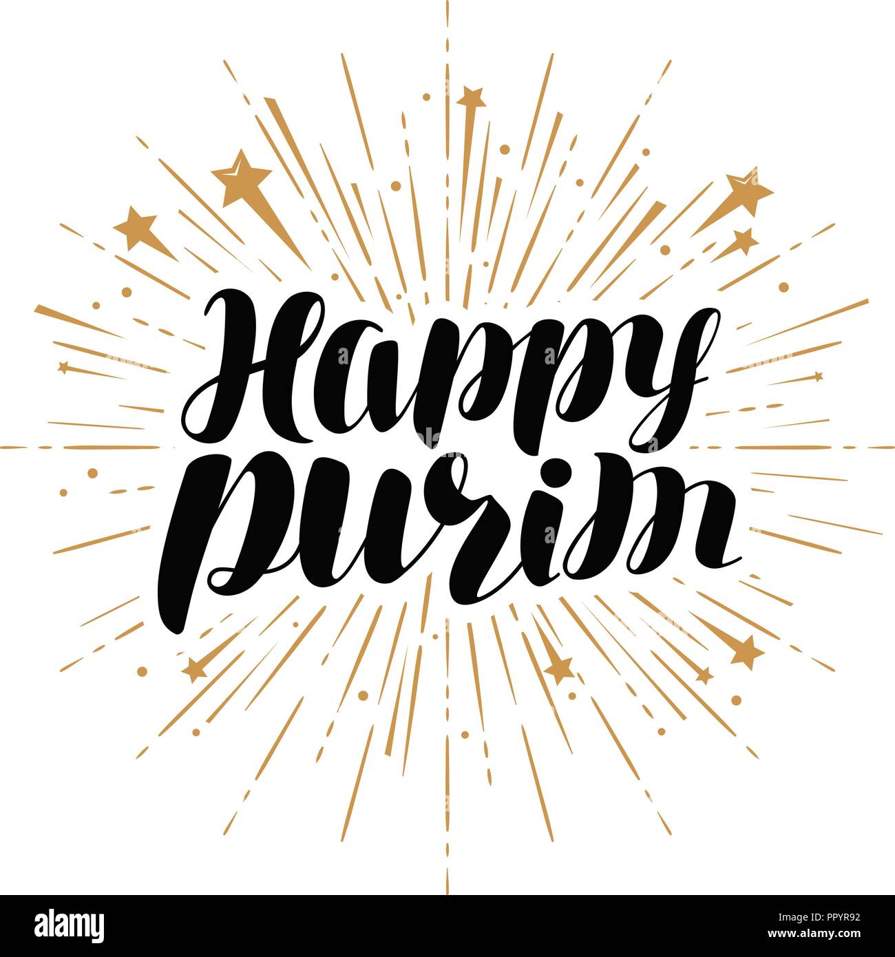 Happy Purim carte de vœux ou bannière. Maison de vacances juives, vecteur lettrage manuscrit Illustration de Vecteur