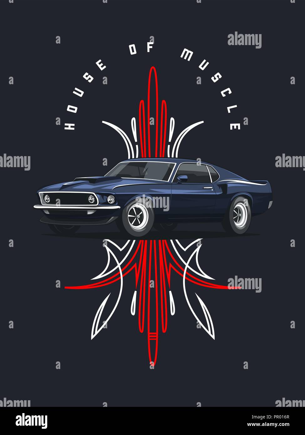 Classic muscle car poster avec ornement tribal sur fond sombre. Illustration de Vecteur