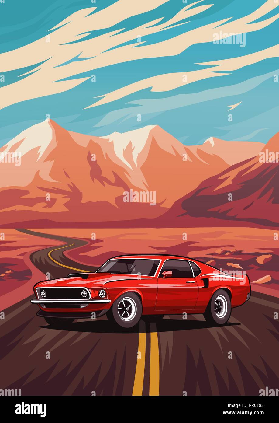 Retro american muscle car de l'affiche. Illustration avec location de standing sur route près de montagnes. Illustration de Vecteur