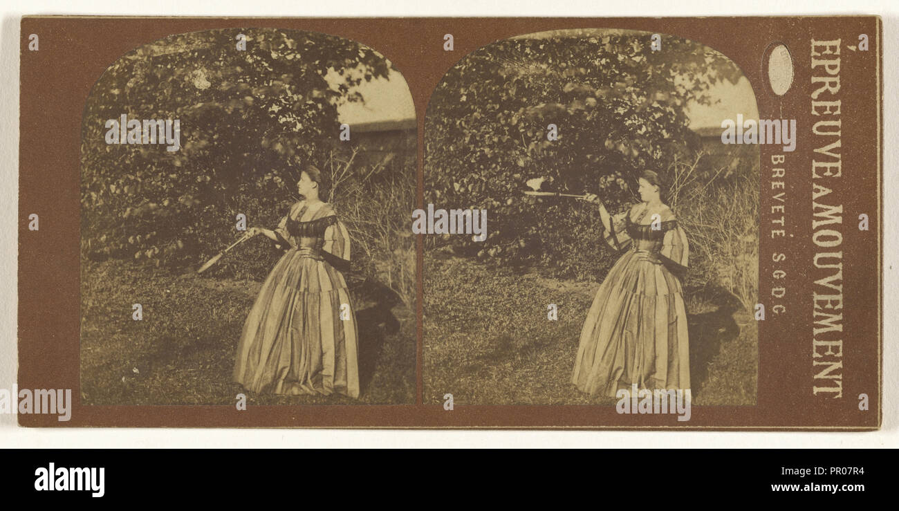 Le joueur de badminton femme rebondit sur la raquette ; français ; 1860 ; à l'albumine argentique Banque D'Images