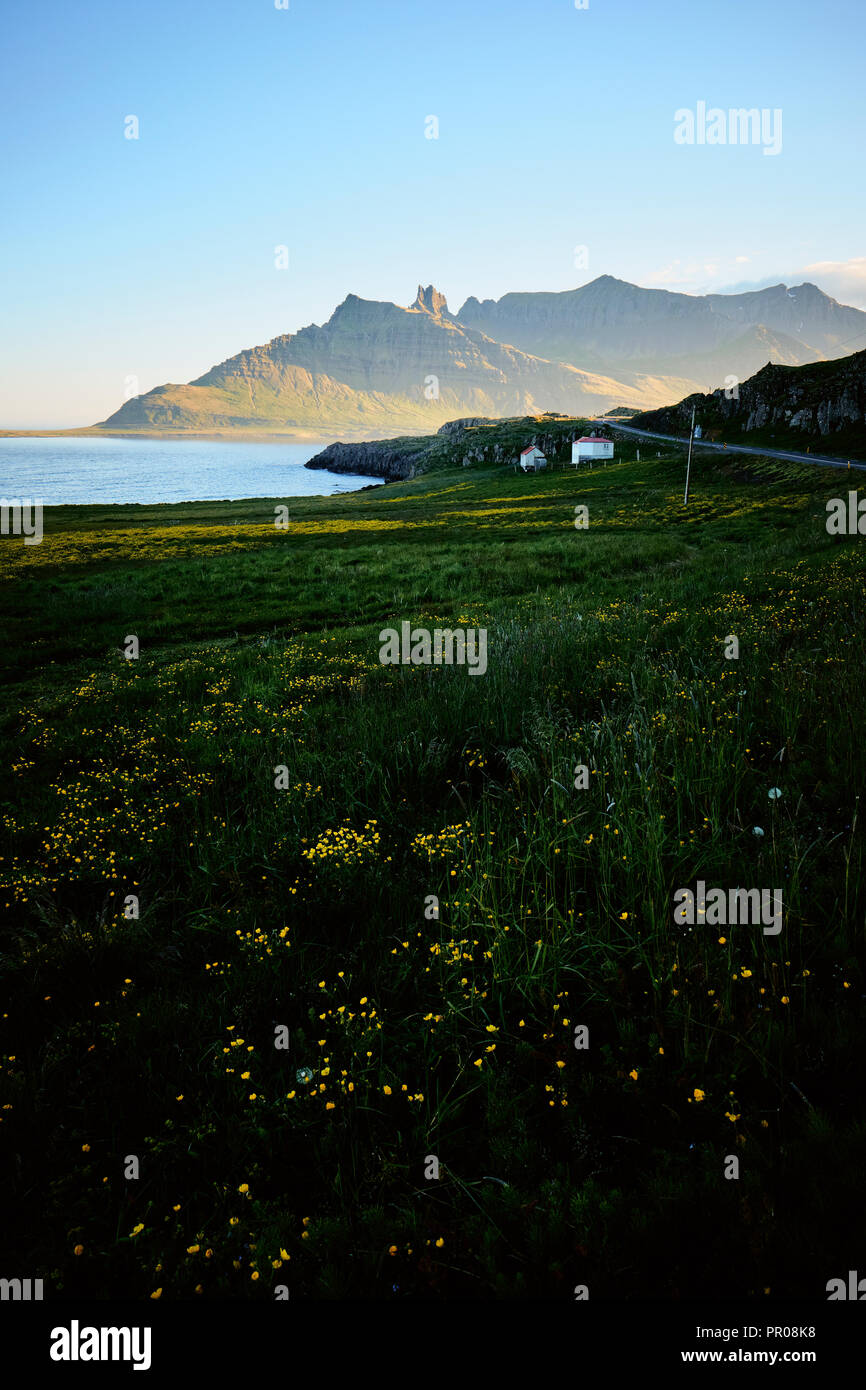 Le paysage côtier des fjords de l'est à l'Est de l'Islande. Banque D'Images