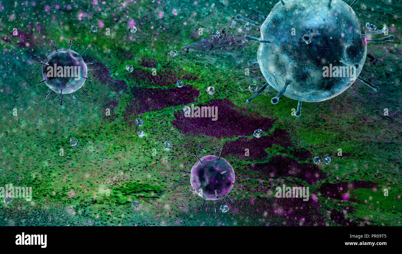 Code génétique, virus, bactéries et micro-organismes vu sous un microscope. Les nouveaux virus. Le rendu 3D Banque D'Images