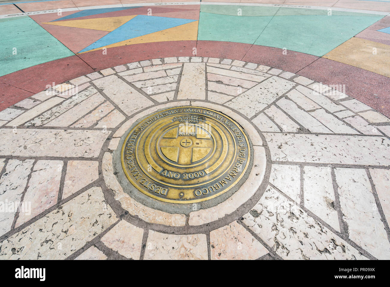 Avis de Marco zéro (Ground Zero - rose des vents, parfois appelé windrose ou Rose des Vents) à l'ancien quartier de Recife - Pernambuco, Brésil Banque D'Images