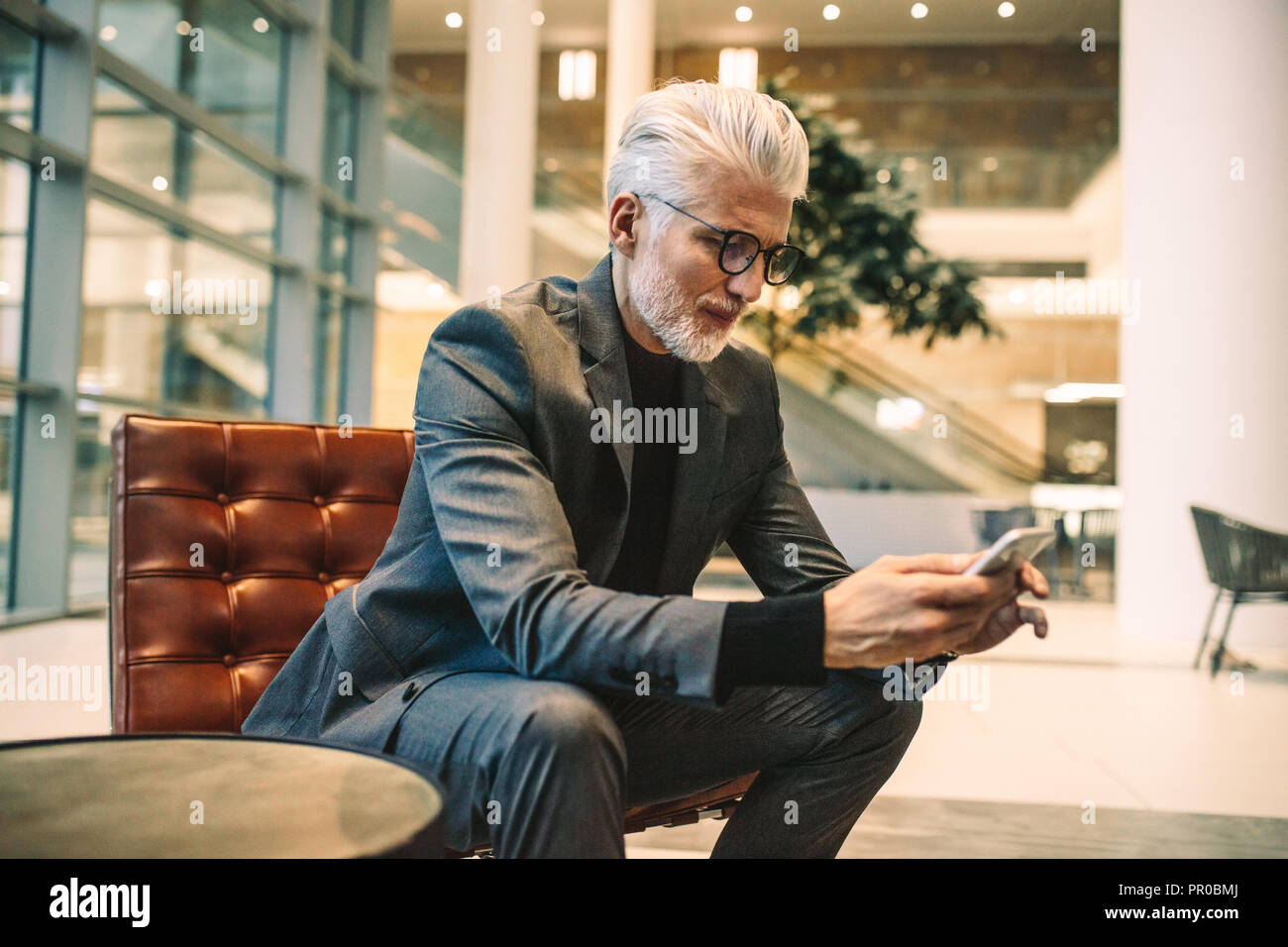 Mature businessman sitting in office lounge et à l'aide de téléphone mobile. Senior Executive texting on phone in office lobby. Banque D'Images