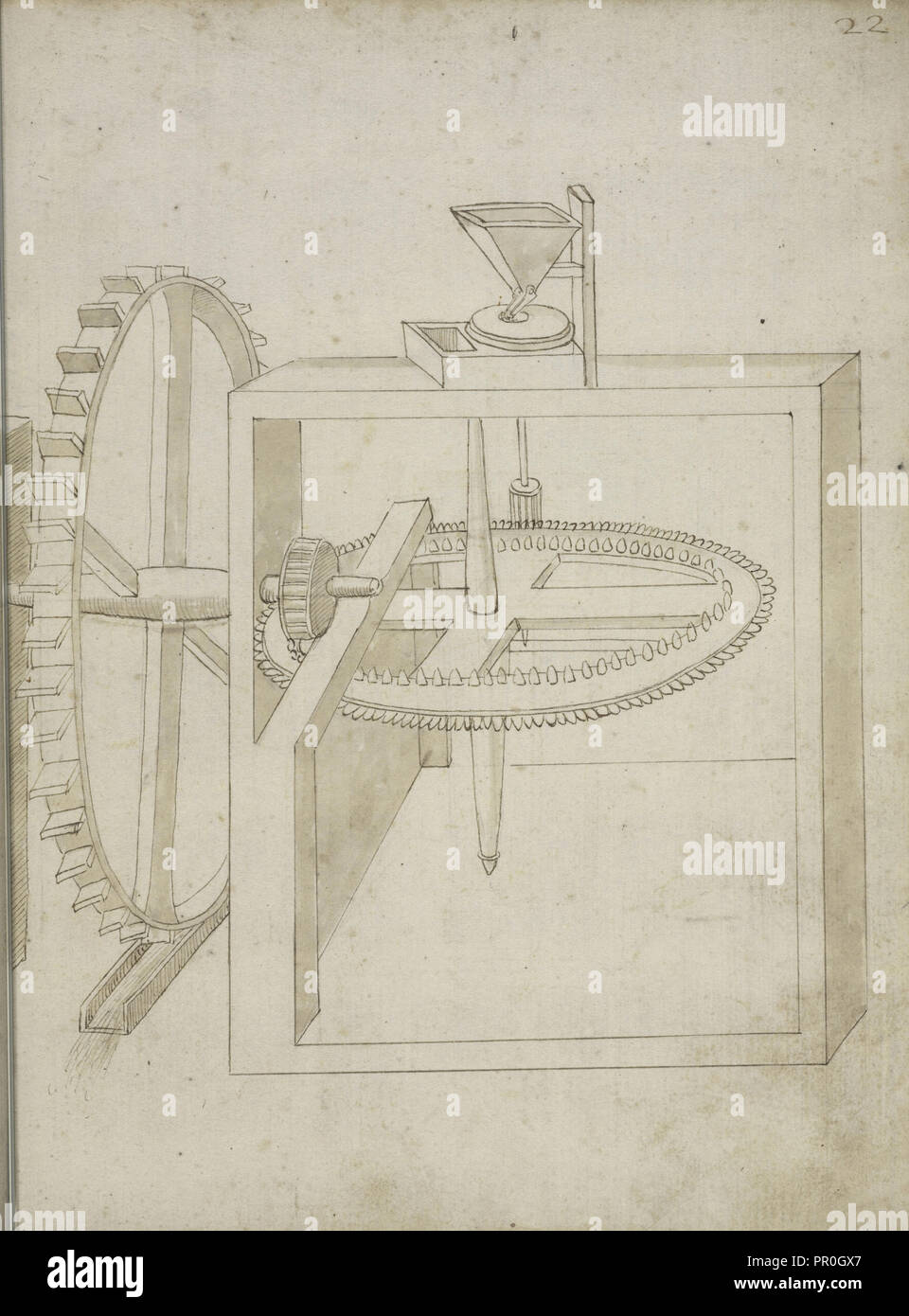 Folio 22 moulin à roue à eau, Edificij undershot et machine MS, Martini, Francesco di Giorgio, 1439-1502, l'encre brune Banque D'Images