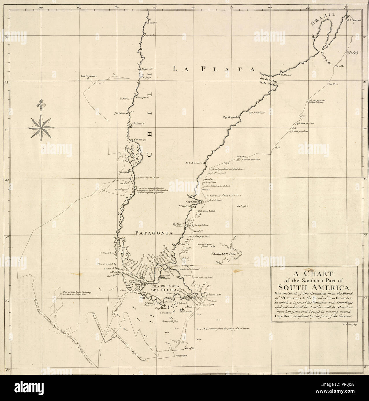 Un graphique de la partie sud de l'Amérique du Sud, un voyage autour du monde, dans les années MDCCXL, I, II, III, IV par George Anson Banque D'Images