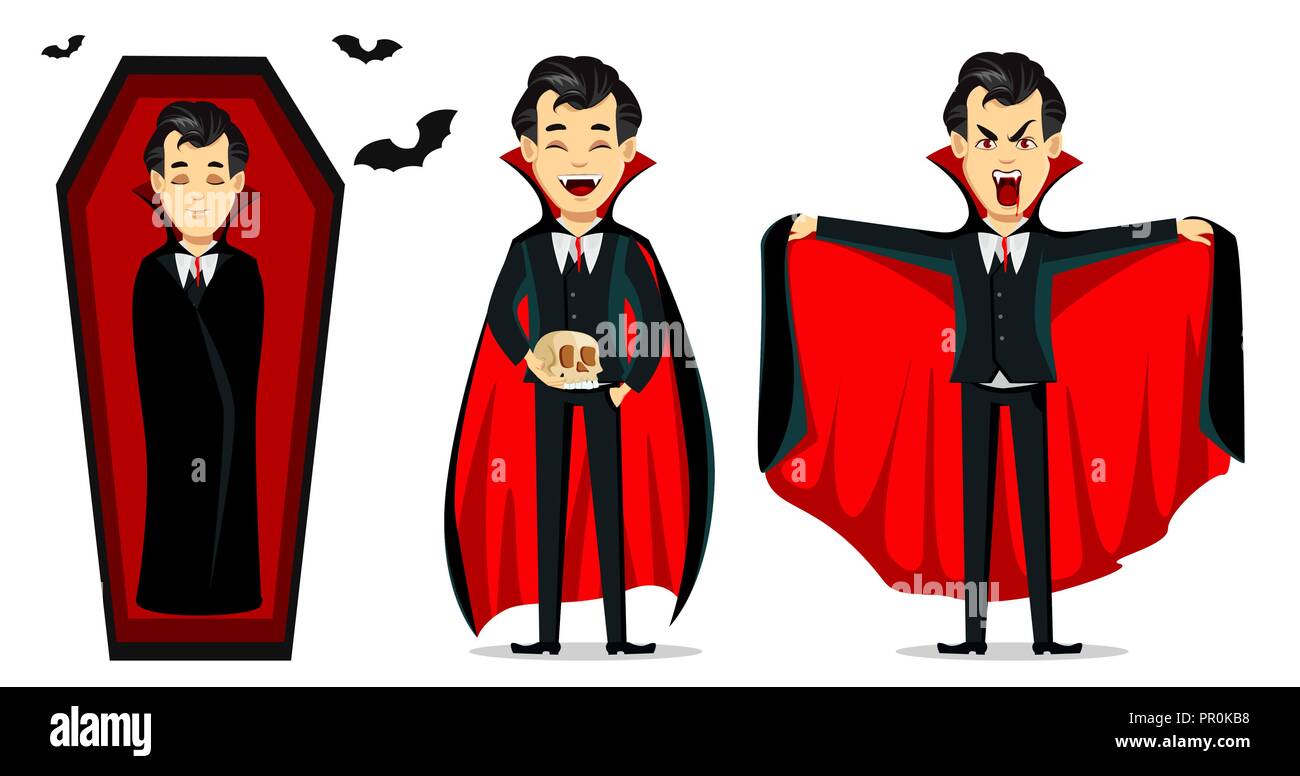 Happy Halloween. Vampire personnage vêtu de noir et cape rouge. Ensemble de trois poses, dormir dans Coffin, holding scull et faisant des gestes effrayants. Illustration de Vecteur