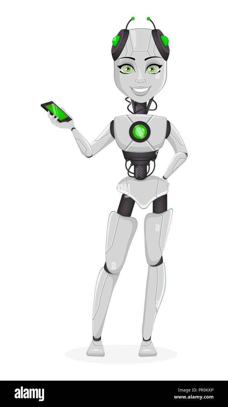 Robot avec l'intelligence artificielle, femme bot. Cute cartoon character holding smartphone. Organisme cybernétique humanoïde. Concept futur. Vector Illust Illustration de Vecteur