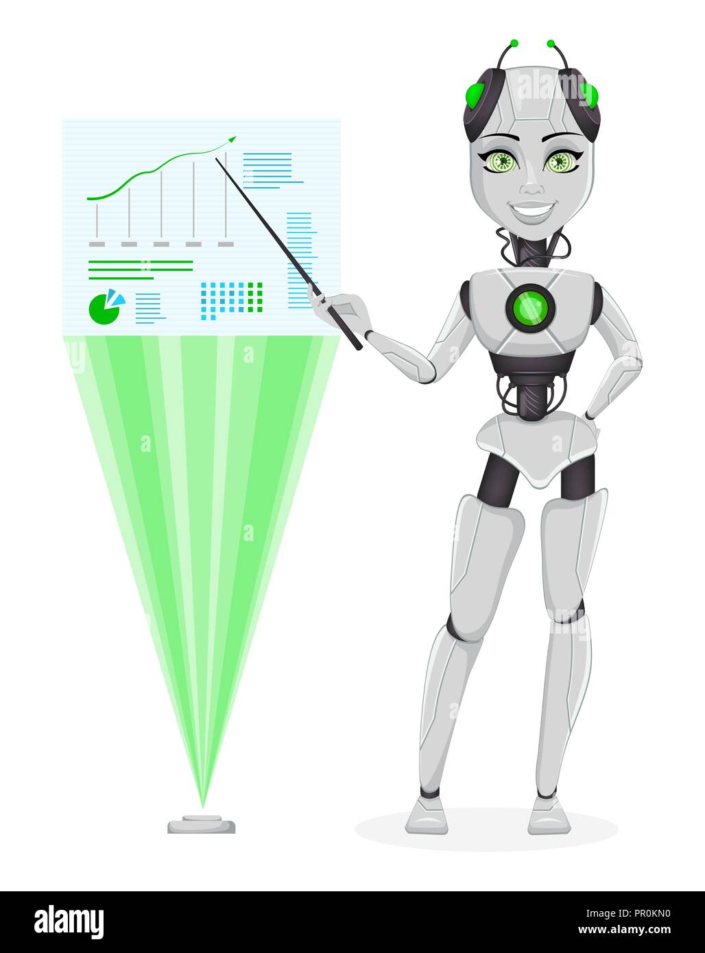 Robot avec l'intelligence artificielle, femme bot. Cute cartoon character pointant sur des infographies holographique. Organisme cybernétique humanoïde. Avenir conc Illustration de Vecteur