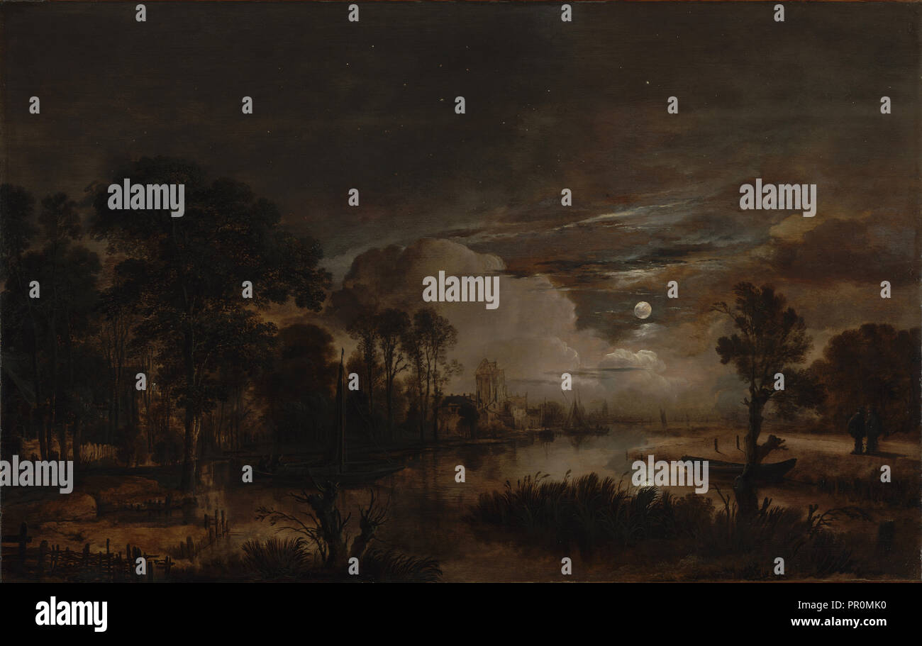 Paysage au clair de lune avec une vue sur la rivière Amstel et nouveau château Kostverloren ; Aert van der Neer, Néerlandais, 1603,1604, 1647 - 1677 Banque D'Images