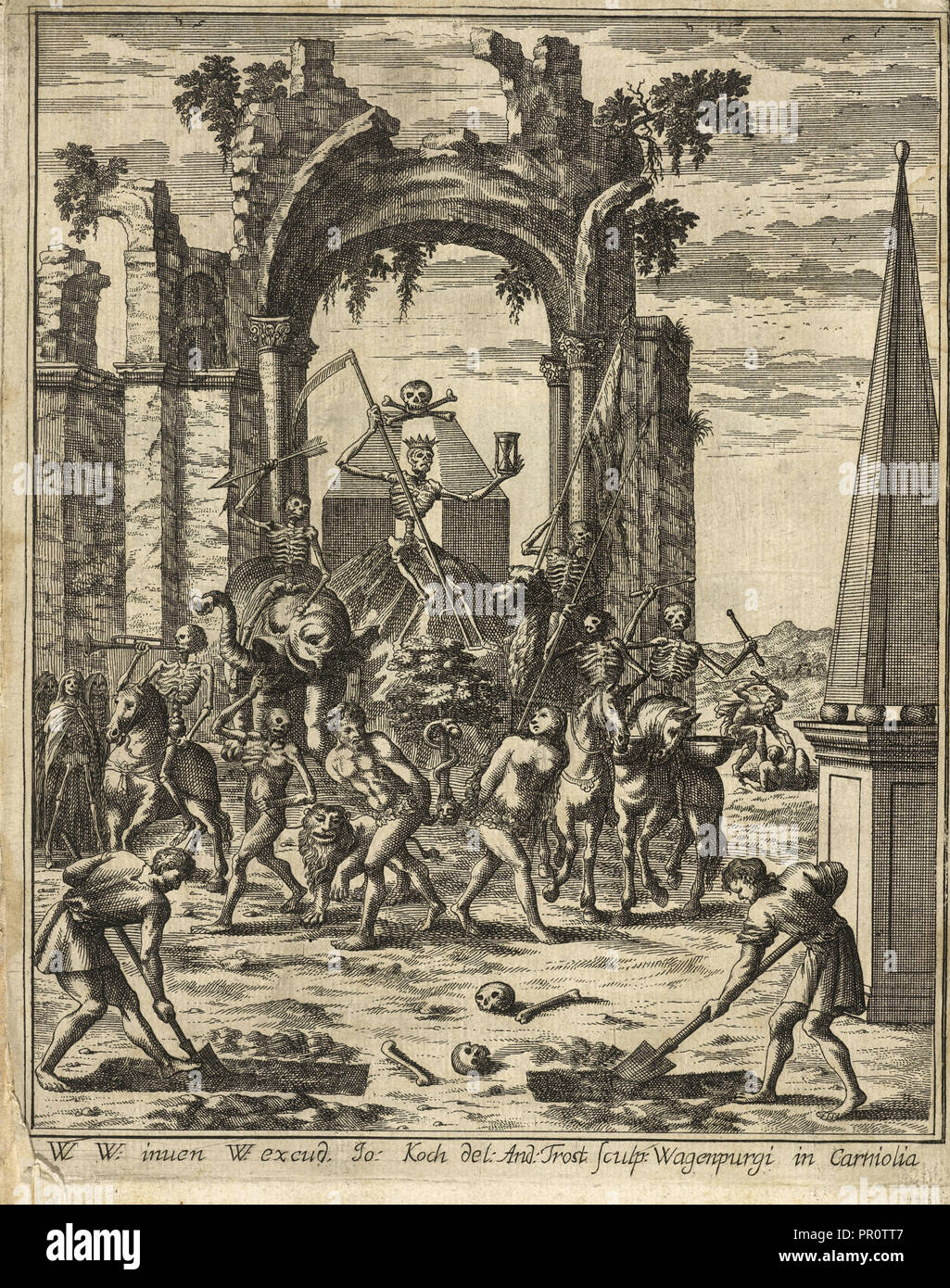 Frontispice : March of the dead, Theatrum mortis humanae tripartitum, Trost, Andreas, allemand, d. 1708, Johann Weichard Valvasor, Banque D'Images