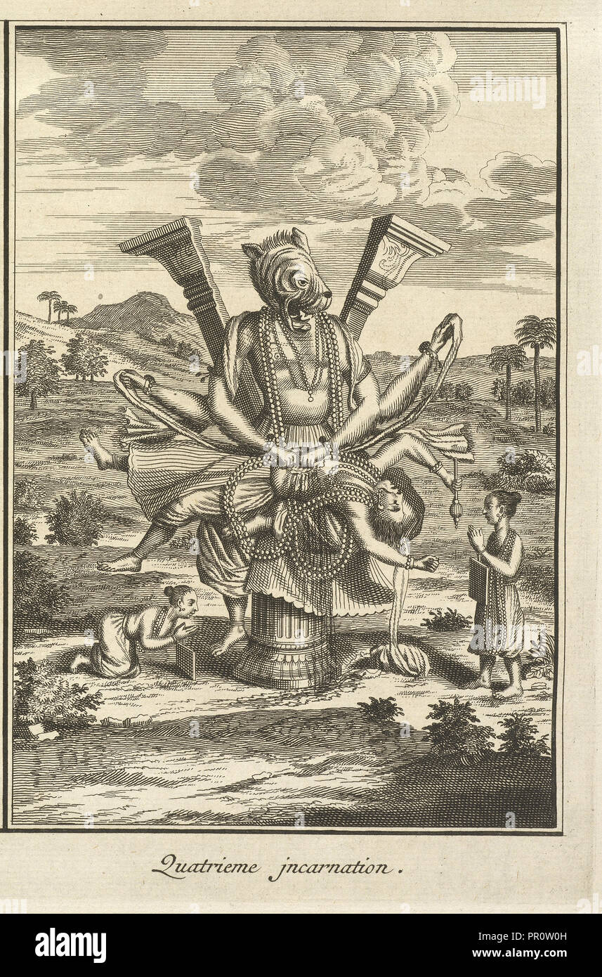 Quatrième Incarnation, cérémonies et coutumes religieuses de tous les peuples du monde, Picart, Bernard, 1673-1733, gravure, 1723 Banque D'Images