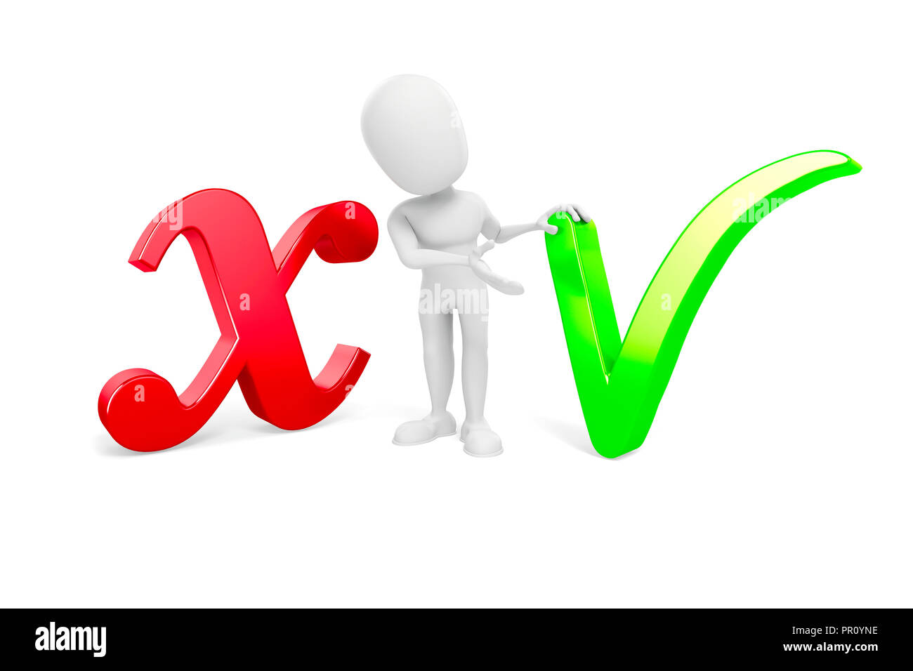 3d homme debout entre les symboles positifs et négatifs Banque D'Images