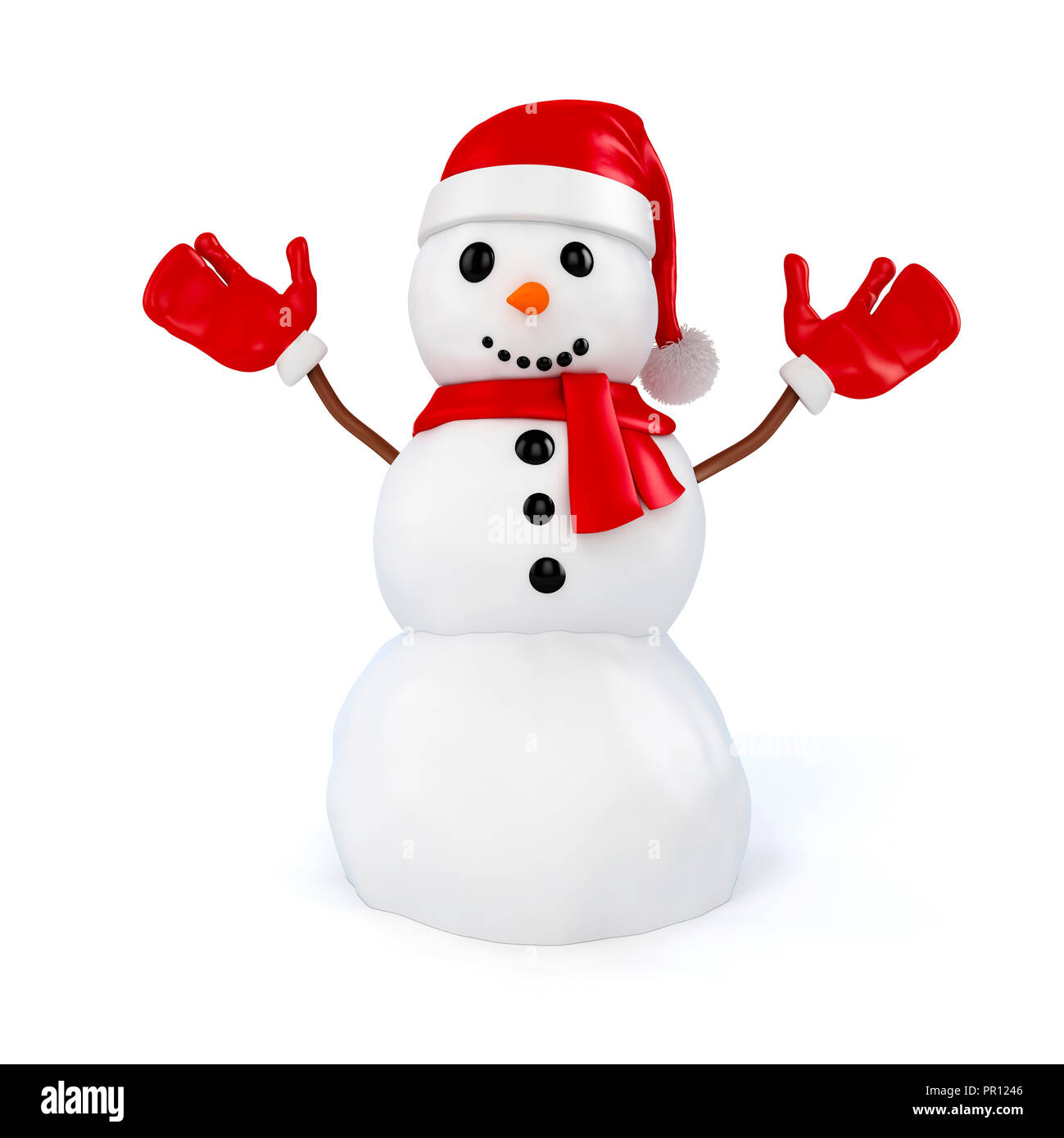 Happy snowman 3d with santa hat et des gants rouges sur fond blanc Banque D'Images