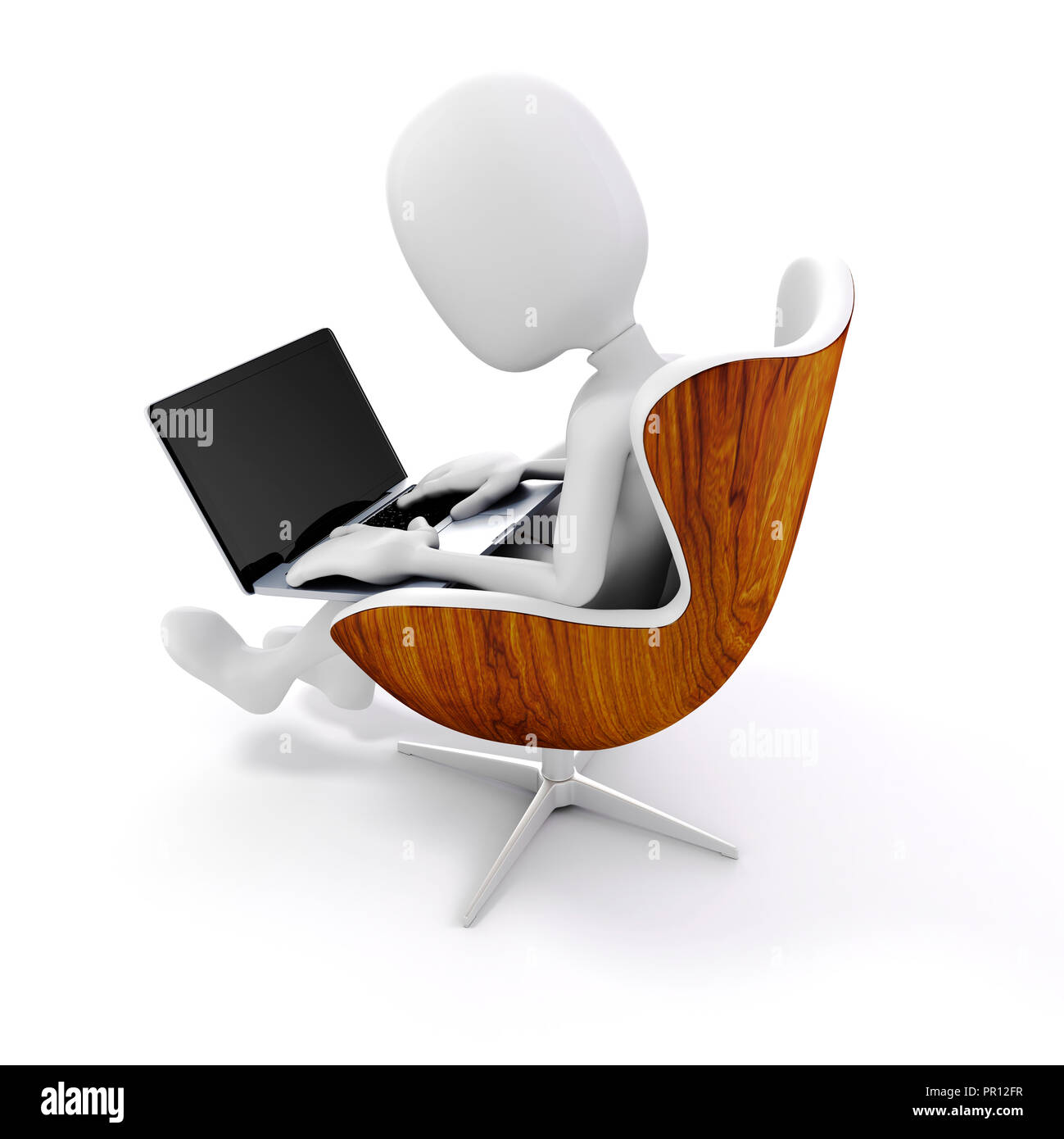 3d man assis sur une chaise, working on laptop Banque D'Images