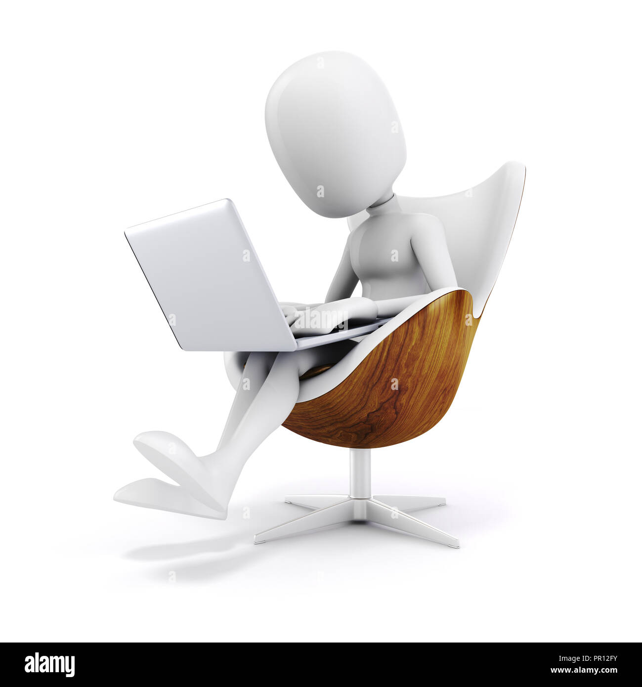 3d man assis sur une chaise, working on laptop Banque D'Images