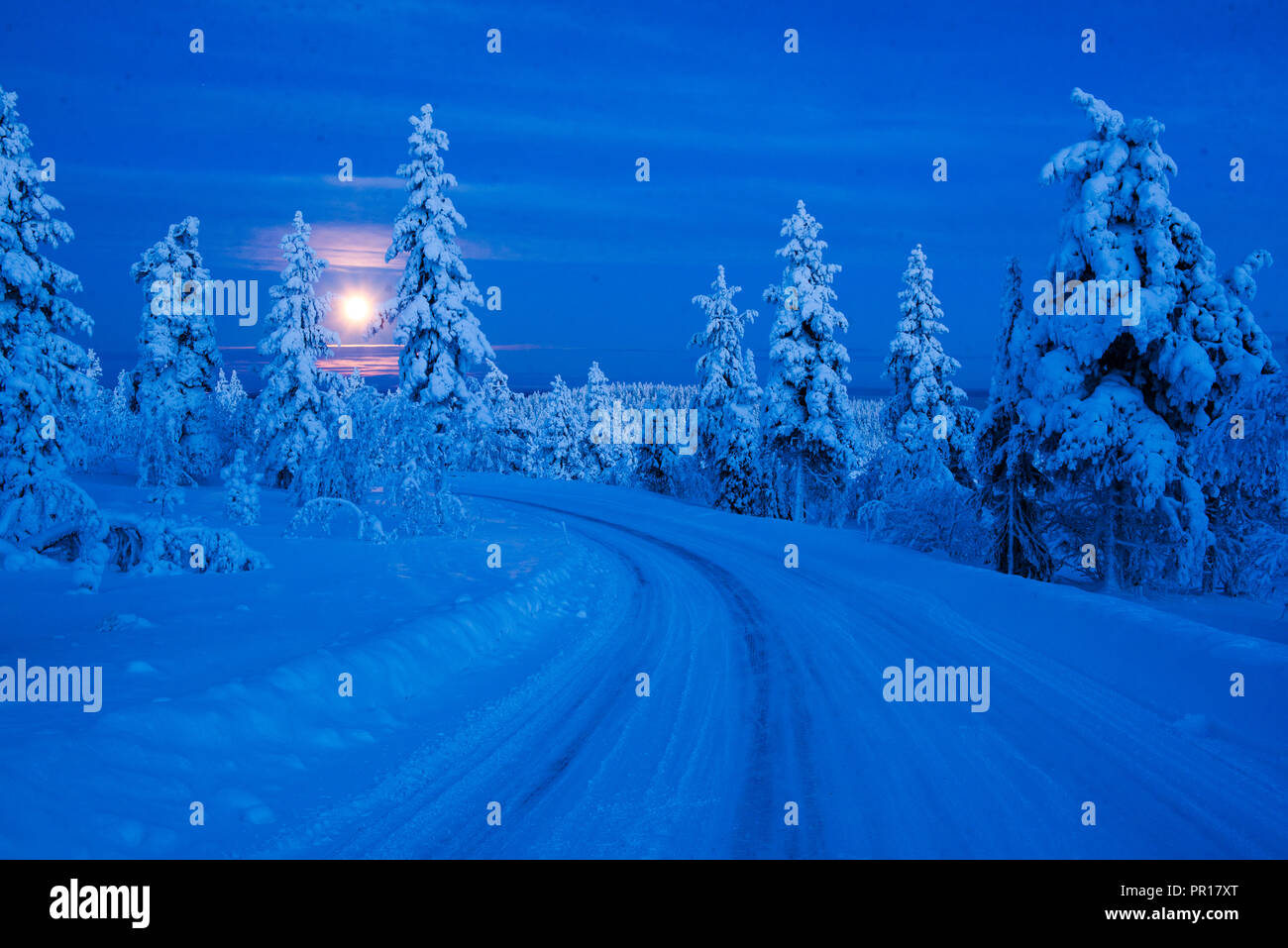 Super pleine Lune (pleine lune), paysage, Parc National Pallas-Yllastunturi Laponie, Laponie, Finlande, Europe Banque D'Images