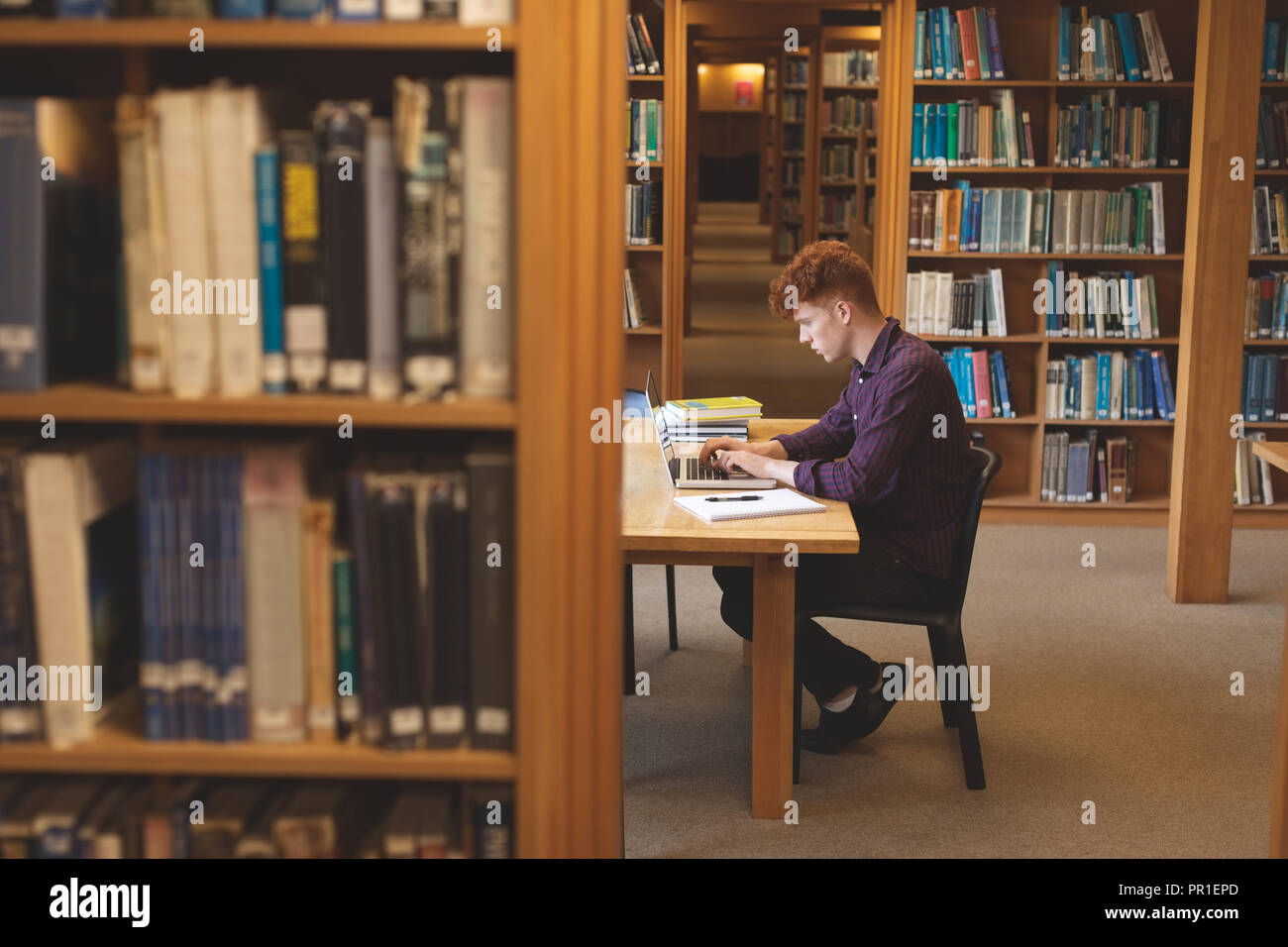 College student using laptop in library Banque D'Images
