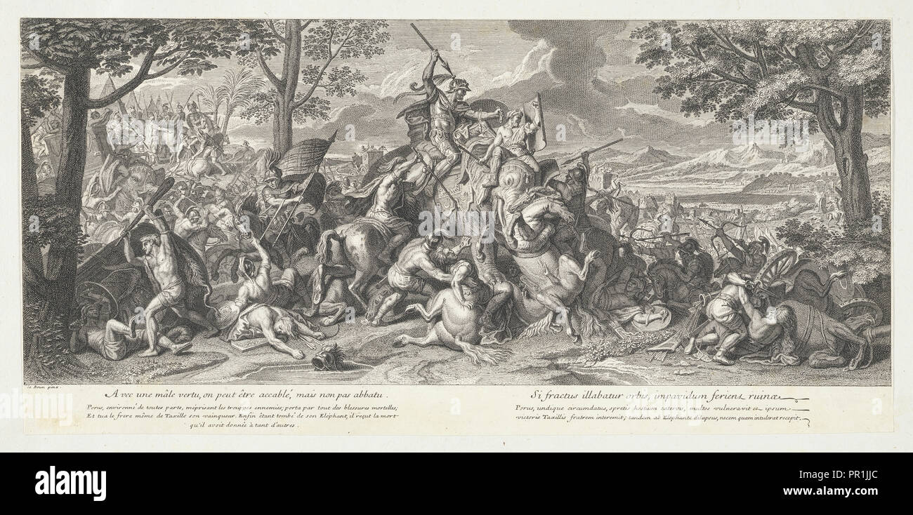 Porus au combat, les batailles d'Alexandre, Le Brun, Charles, 1619-1690, Poilly, Jean-Baptiste de, 1669-1728, gravure, eau-forte Banque D'Images