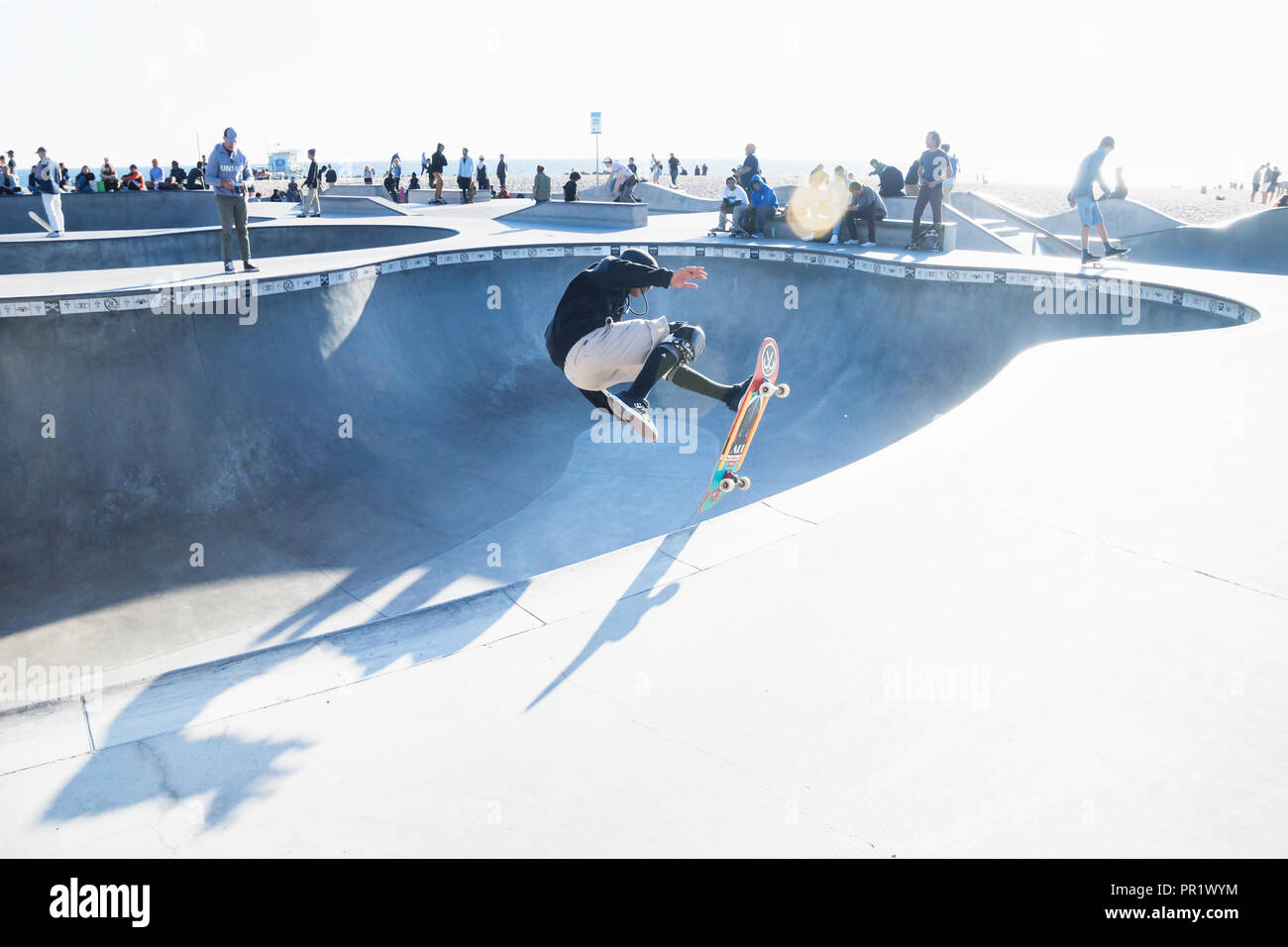 Venice Beach, Los Angeles, Californie - Le 25 février 2018 : saut à Skater, demi-lune, avec rétroéclairage à Venice Beach skatepark lors d'une journée ensoleillée Banque D'Images