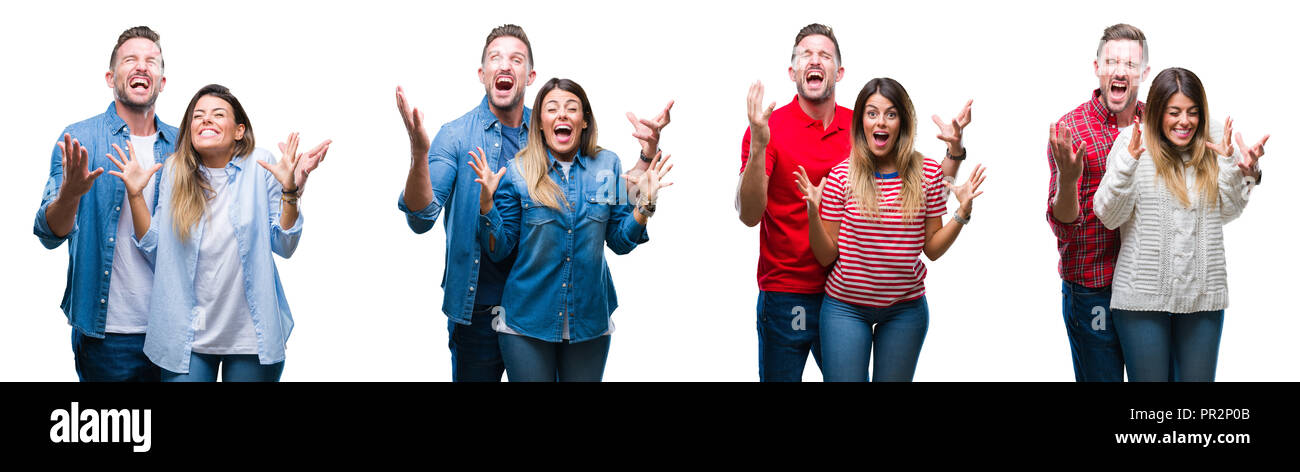 Collage of beautiful couple ensemble au fond isolé blanc célèbre fou et fou de succès avec les bras levés et les yeux fermé ex screaming Banque D'Images