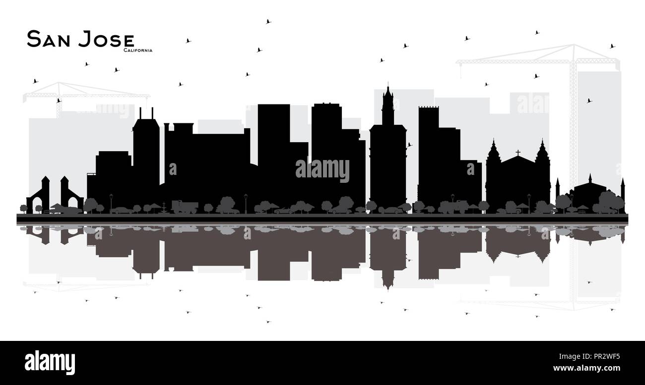 San Jose California City skyline silhouette noir et blanc avec des reflets. Concept simple pour le tourisme présentation, bannière, un placard ou web. Illustration de Vecteur