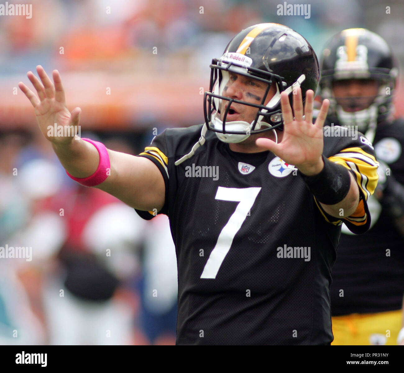 Ben Roethlisberger des gestes pour son banc pendant la première moitié des mesures contre les Dolphins de Miami au Sun Life Stadium de Miami le 24 octobre 2010. Banque D'Images