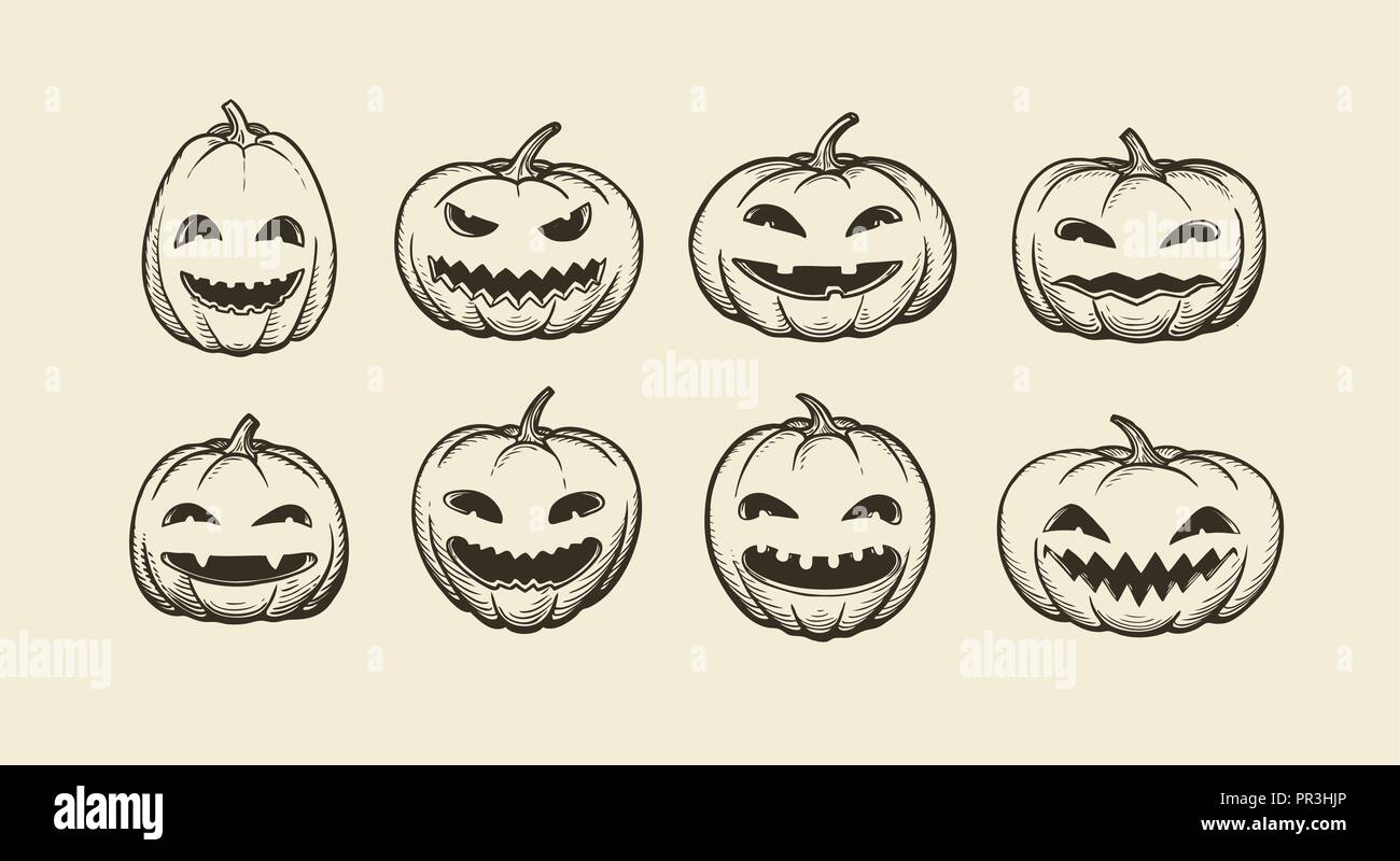 Symbole de l'Halloween. ribambelle de citrouilles, croquis. vintage vector illustration Illustration de Vecteur