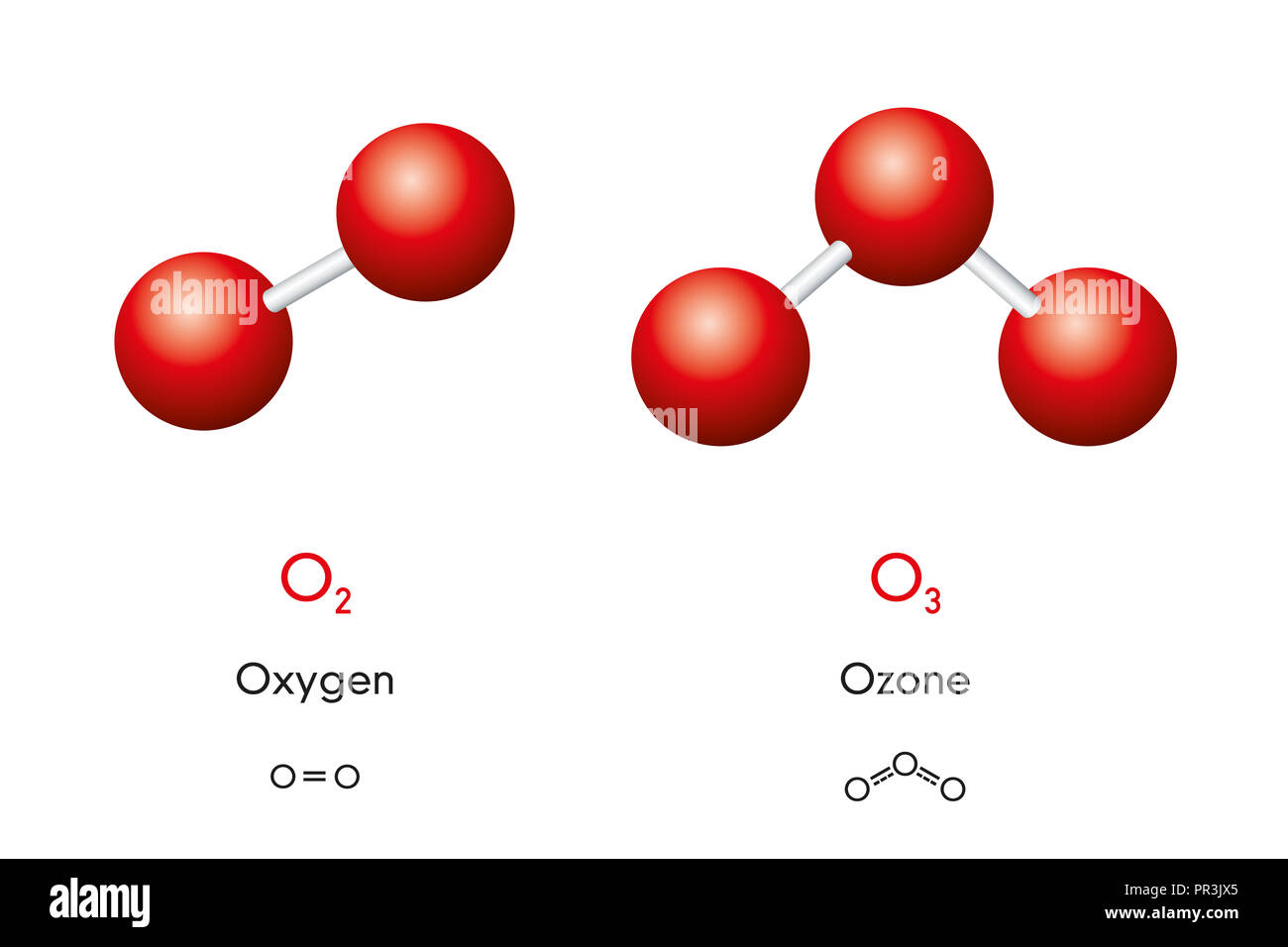 Oxygène O2 et l'ozone O3 molécule modèles et formules chimiques. Et trioxygen dioxygéné. Le gaz. Ball et du bâton, les modèles géométriques et les formules. Banque D'Images