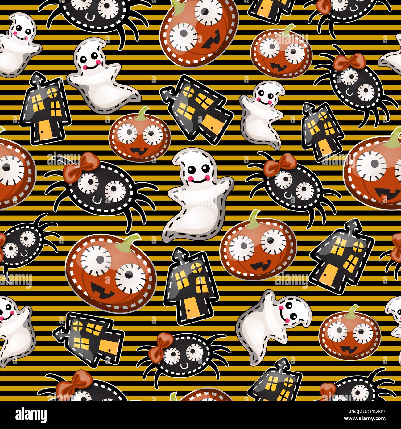 La texture des caractères cute Halloween vacances isolé sur fond rayé. Carte de croquis, seamless texture pour le papier d'emballage sur le thème de vacances de mauvais esprit de l'Halloween. Cartoon vector close-up. Illustration de Vecteur