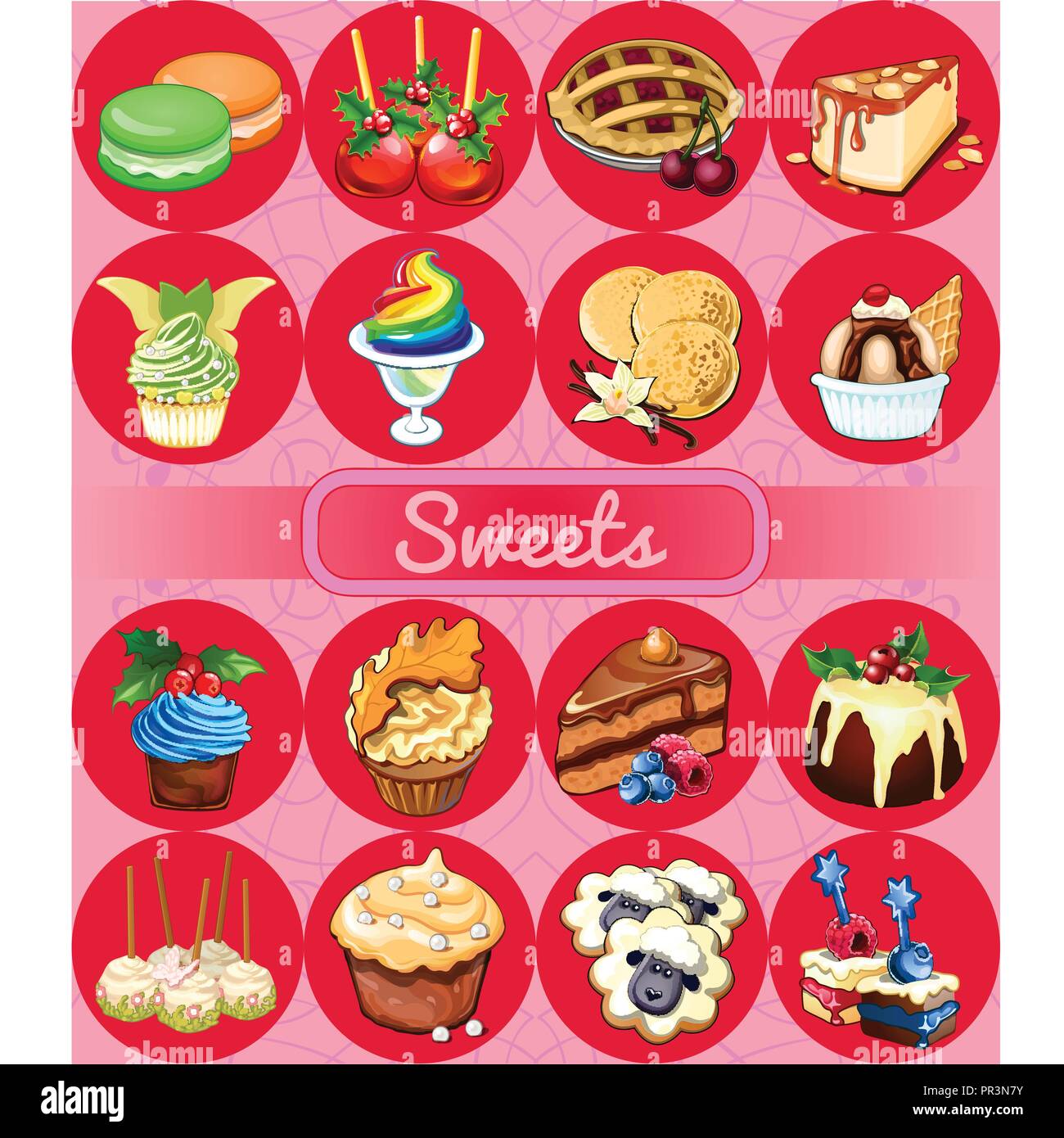 Un ensemble de délicieux desserts et repas de fête. Esquisse pour vacances d'autocollants, cartes ou invitation à une fête. Cake pops, macaron, cherry pie, cheesecake, cupcake, muffin. Cartoon Vector illustration close-up. Illustration de Vecteur