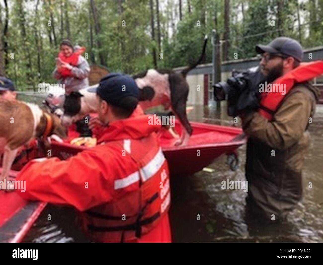 La Garde côtière canadienne les membres de l'équipe de bateau Réponse Shallow-Water 3 aider les gens et leurs animaux bloqués par l'eau de l'inondation causée par l'ouragan Florence près de Riegelwood, Caroline du Nord, le 16 septembre 2018. Banque D'Images