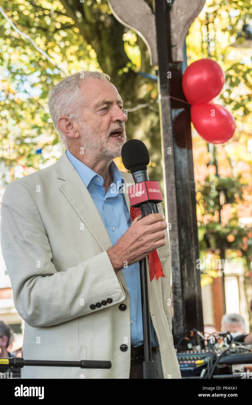 Redditch, UIK. 29 septembre 2018. Leader du travail parlant Jeremy Corbyn à Redditch Worcestershire. Crédit : Rob Hadley/Alamy Live News Banque D'Images